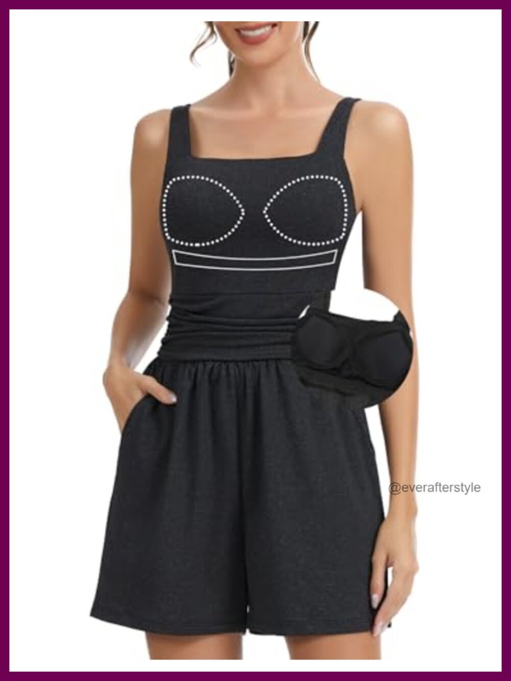 Built in Bra Athletic Romper Square Neck Adjustable Strap Pleated Waist Pockets